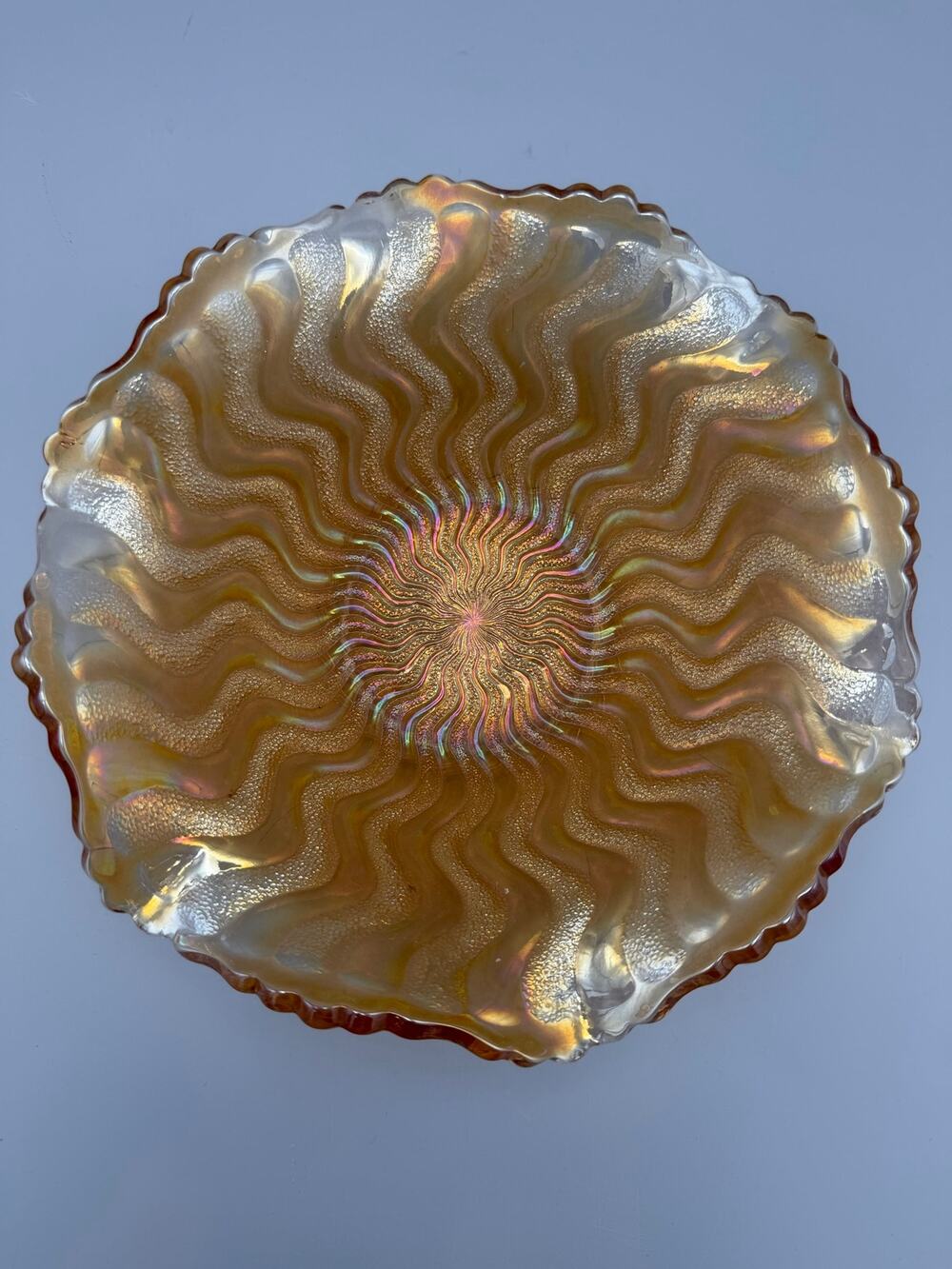 Antique Millersburg Zig Zag Marigold Carnival Glass Ruffled Bowl 9.5”